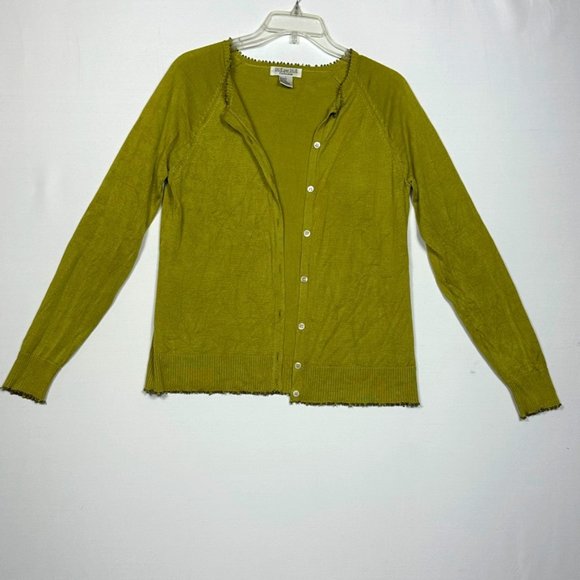 Due per Due collection Womens Large Silk Linen Green Cardigan Beaded Edges - Picture 1 of 9